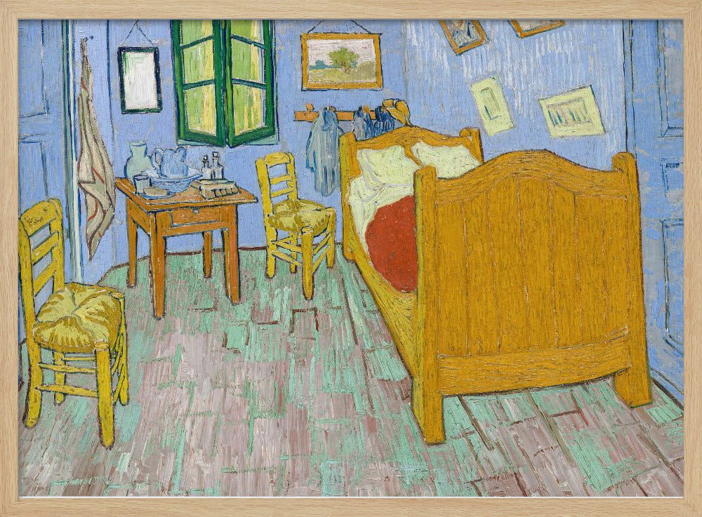 Vincent van Gogh's famous painting, 'The Bedroom,' depicting his room in Arles. The artwork, characterized by bold colors and expressive brushstrokes, features a yellow wooden bed, chairs, a small table against light blue walls, and a green-shuttered window. The painting is displayed in a simple silver frame. Decor