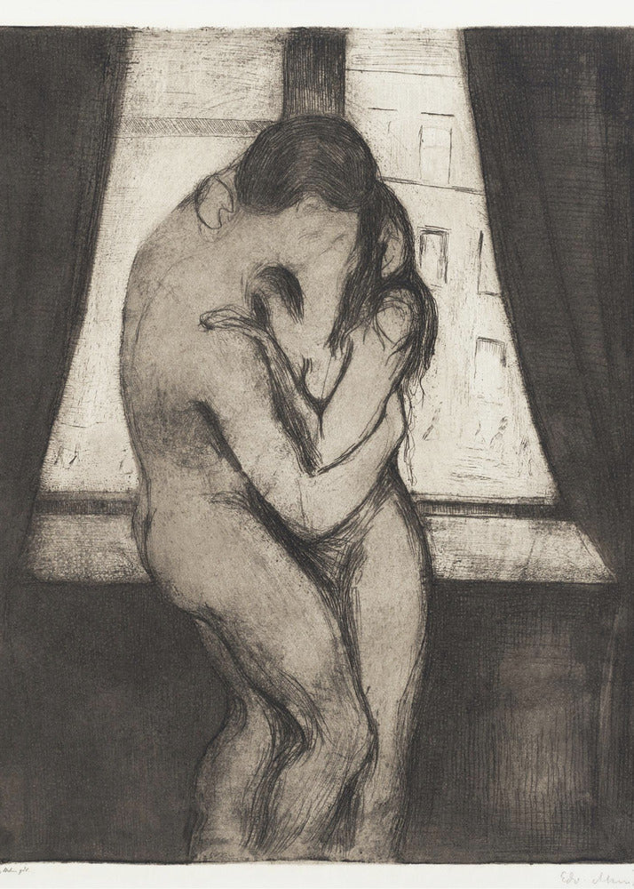 A black and white etching by Edvard Munch titled 'The Kiss,' depicting two nude figures in a passionate embrace, their faces melding into one. They stand before a window with a view of a city, framed by dark curtains, in a highly emotional, expressionistic style. Poster