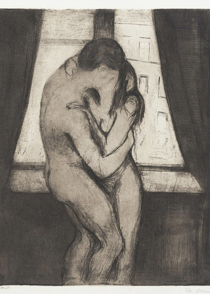 A black and white etching by Edvard Munch titled 'The Kiss,' depicting two nude figures in a passionate embrace, their faces melding into one. They stand before a window with a view of a city, framed by dark curtains, in a highly emotional, expressionistic style. Poster