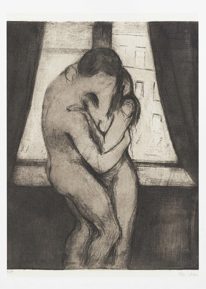 A black and white etching by Edvard Munch titled 'The Kiss,' depicting two nude figures in a passionate embrace, their faces melding into one. They stand before a window with a view of a city, framed by dark curtains, in a highly emotional, expressionistic style. Poster