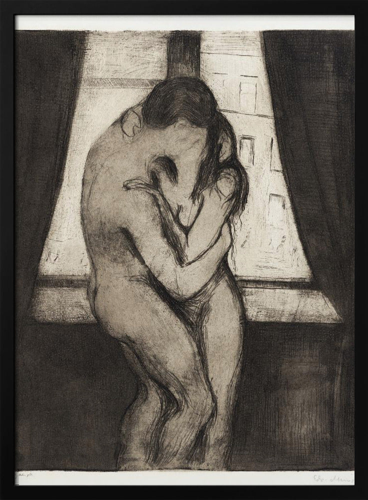 A black and white etching by Edvard Munch titled 'The Kiss,' depicting two nude figures in a passionate embrace, their faces melding into one. They stand before a window with a view of a city, framed by dark curtains, in a highly emotional, expressionistic style. Poster