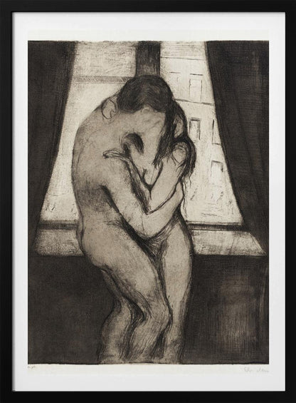 A black and white etching by Edvard Munch titled 'The Kiss,' depicting two nude figures in a passionate embrace, their faces melding into one. They stand before a window with a view of a city, framed by dark curtains, in a highly emotional, expressionistic style. Poster