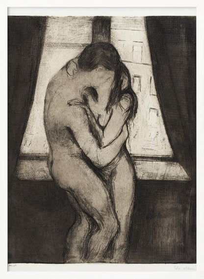 A black and white etching by Edvard Munch titled 'The Kiss,' depicting two nude figures in a passionate embrace, their faces melding into one. They stand before a window with a view of a city, framed by dark curtains, in a highly emotional, expressionistic style. Poster