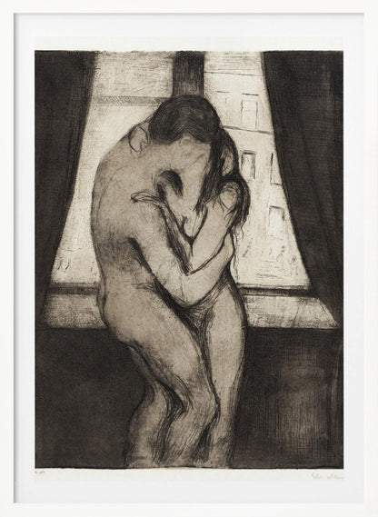 A black and white etching by Edvard Munch titled 'The Kiss,' depicting two nude figures in a passionate embrace, their faces melding into one. They stand before a window with a view of a city, framed by dark curtains, in a highly emotional, expressionistic style. Poster
