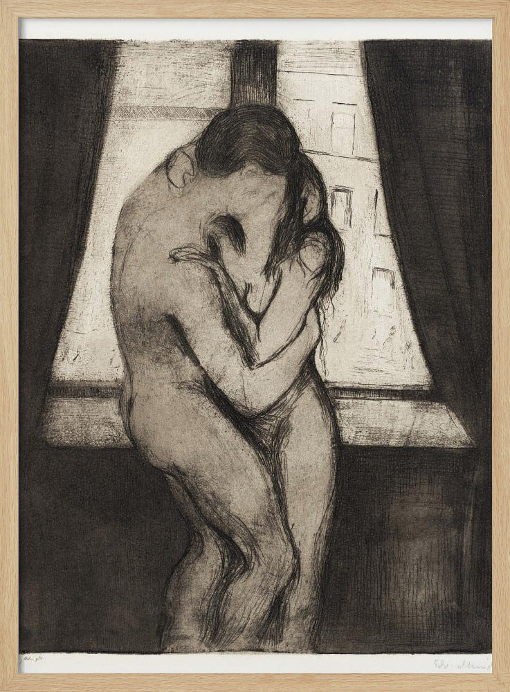 A black and white etching by Edvard Munch titled 'The Kiss,' depicting two nude figures in a passionate embrace, their faces melding into one. They stand before a window with a view of a city, framed by dark curtains, in a highly emotional, expressionistic style. Poster