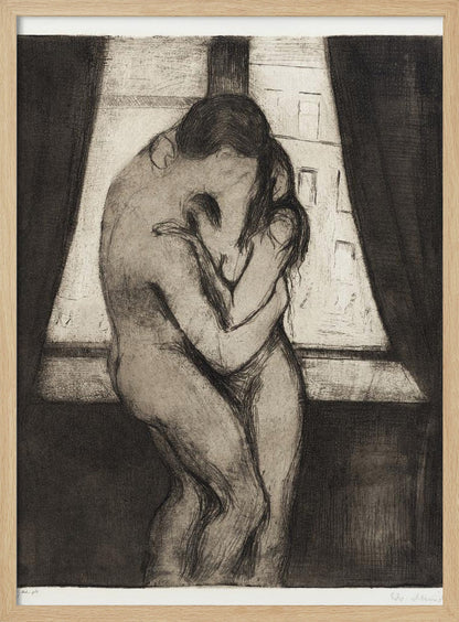 A black and white etching by Edvard Munch titled 'The Kiss,' depicting two nude figures in a passionate embrace, their faces melding into one. They stand before a window with a view of a city, framed by dark curtains, in a highly emotional, expressionistic style. Poster