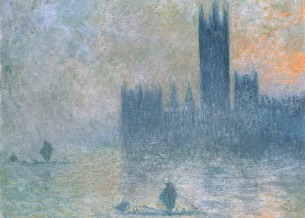 An Impressionist painting in a silver frame depicting the silhouette of the Houses of Parliament in London through a thick blue and grey fog, with the faint orange glow of a sun in the sky and small boats on the River Thames. Wall Art