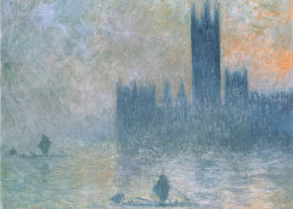 An Impressionist painting in a silver frame depicting the silhouette of the Houses of Parliament in London through a thick blue and grey fog, with the faint orange glow of a sun in the sky and small boats on the River Thames. Wall Art