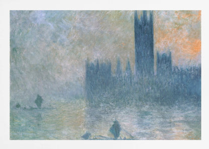 An Impressionist painting in a silver frame depicting the silhouette of the Houses of Parliament in London through a thick blue and grey fog, with the faint orange glow of a sun in the sky and small boats on the River Thames. Wall Art
