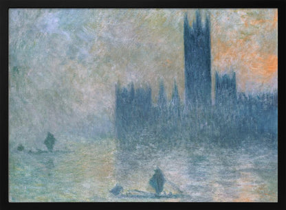 An Impressionist painting in a silver frame depicting the silhouette of the Houses of Parliament in London through a thick blue and grey fog, with the faint orange glow of a sun in the sky and small boats on the River Thames. Wall Art