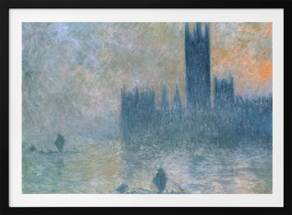 An Impressionist painting in a silver frame depicting the silhouette of the Houses of Parliament in London through a thick blue and grey fog, with the faint orange glow of a sun in the sky and small boats on the River Thames. Wall Art