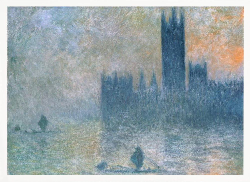 An Impressionist painting in a silver frame depicting the silhouette of the Houses of Parliament in London through a thick blue and grey fog, with the faint orange glow of a sun in the sky and small boats on the River Thames. Wall Art