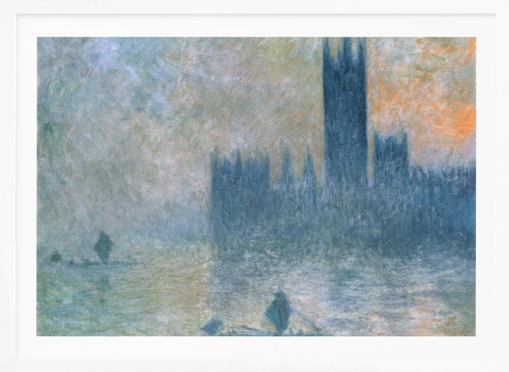 An Impressionist painting in a silver frame depicting the silhouette of the Houses of Parliament in London through a thick blue and grey fog, with the faint orange glow of a sun in the sky and small boats on the River Thames. Wall Art