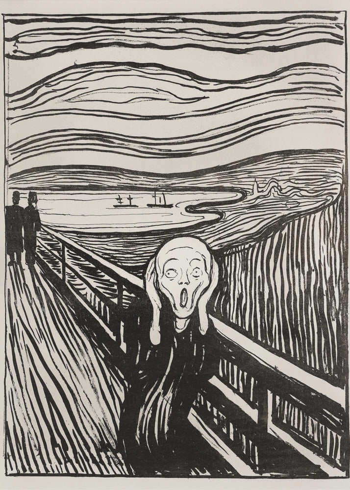 A black and white print of Edvard Munch's famous painting 'The Scream,' featuring a tormented figure on a bridge holding its head with a look of horror. The background consists of swirling lines representing the sky and a fjord, all rendered in a stark, expressionist style and enclosed in a simple black frame. Wall Art