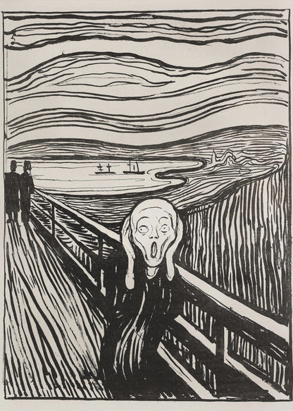 A black and white print of Edvard Munch's famous painting 'The Scream,' featuring a tormented figure on a bridge holding its head with a look of horror. The background consists of swirling lines representing the sky and a fjord, all rendered in a stark, expressionist style and enclosed in a simple black frame. Wall Art