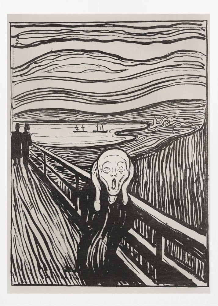 A black and white print of Edvard Munch's famous painting 'The Scream,' featuring a tormented figure on a bridge holding its head with a look of horror. The background consists of swirling lines representing the sky and a fjord, all rendered in a stark, expressionist style and enclosed in a simple black frame. Wall Art