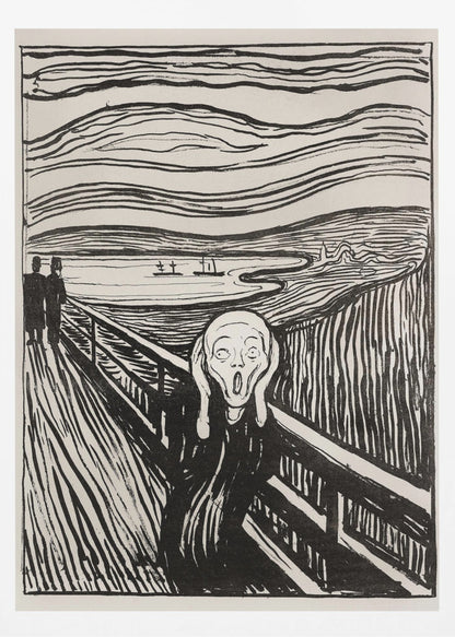 A black and white print of Edvard Munch's famous painting 'The Scream,' featuring a tormented figure on a bridge holding its head with a look of horror. The background consists of swirling lines representing the sky and a fjord, all rendered in a stark, expressionist style and enclosed in a simple black frame. Wall Art