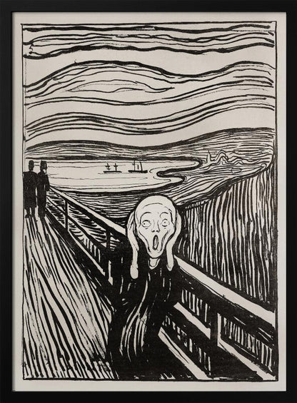 A black and white print of Edvard Munch's famous painting 'The Scream,' featuring a tormented figure on a bridge holding its head with a look of horror. The background consists of swirling lines representing the sky and a fjord, all rendered in a stark, expressionist style and enclosed in a simple black frame. Wall Art