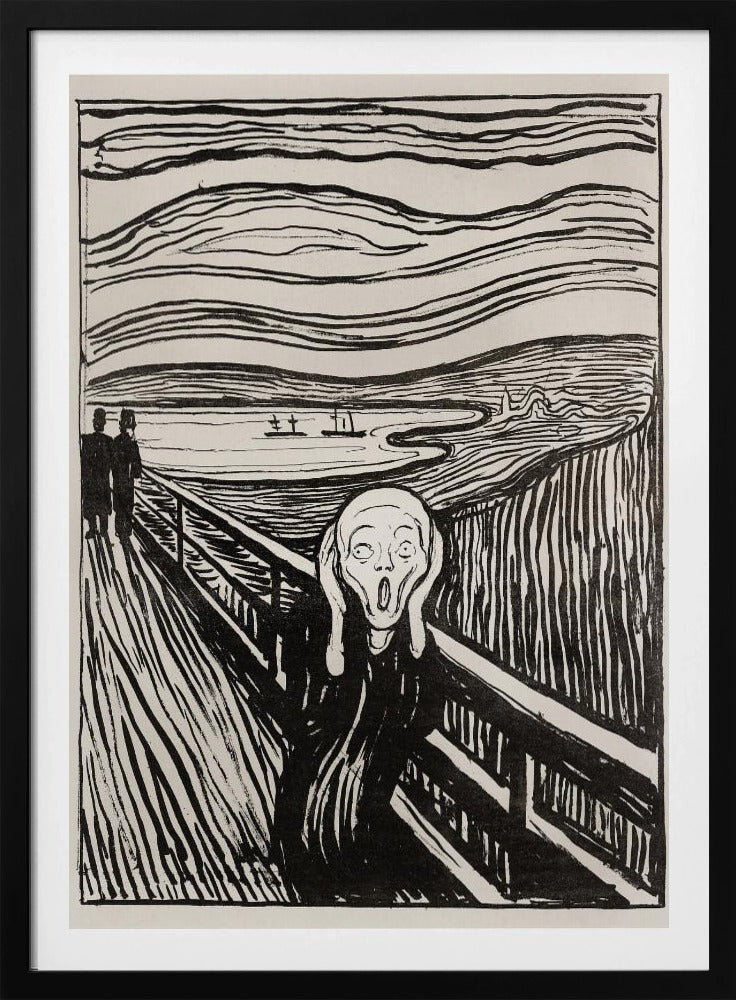 A black and white print of Edvard Munch's famous painting 'The Scream,' featuring a tormented figure on a bridge holding its head with a look of horror. The background consists of swirling lines representing the sky and a fjord, all rendered in a stark, expressionist style and enclosed in a simple black frame. Wall Art