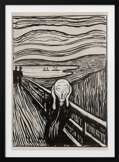 A black and white print of Edvard Munch's famous painting 'The Scream,' featuring a tormented figure on a bridge holding its head with a look of horror. The background consists of swirling lines representing the sky and a fjord, all rendered in a stark, expressionist style and enclosed in a simple black frame. Wall Art