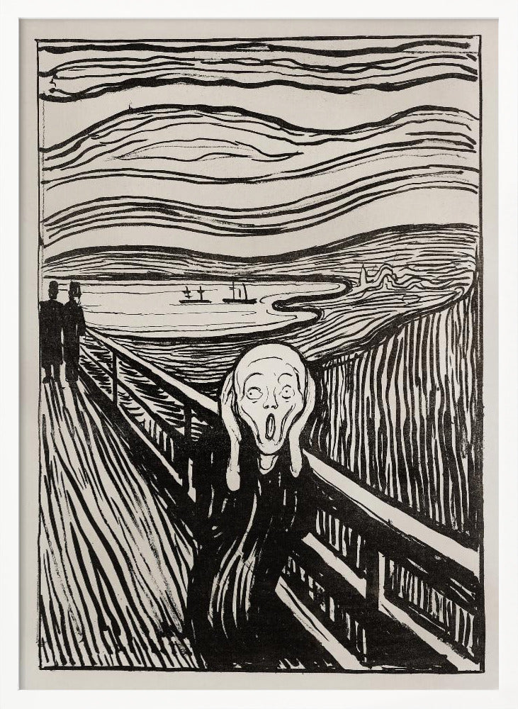 A black and white print of Edvard Munch's famous painting 'The Scream,' featuring a tormented figure on a bridge holding its head with a look of horror. The background consists of swirling lines representing the sky and a fjord, all rendered in a stark, expressionist style and enclosed in a simple black frame. Wall Art