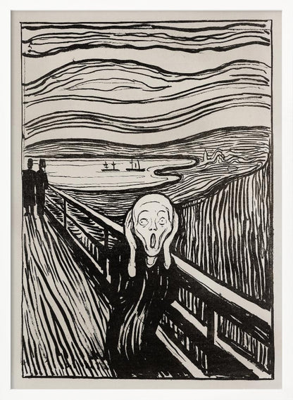 A black and white print of Edvard Munch's famous painting 'The Scream,' featuring a tormented figure on a bridge holding its head with a look of horror. The background consists of swirling lines representing the sky and a fjord, all rendered in a stark, expressionist style and enclosed in a simple black frame. Wall Art