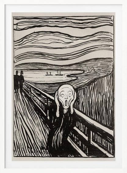 A black and white print of Edvard Munch's famous painting 'The Scream,' featuring a tormented figure on a bridge holding its head with a look of horror. The background consists of swirling lines representing the sky and a fjord, all rendered in a stark, expressionist style and enclosed in a simple black frame. Wall Art