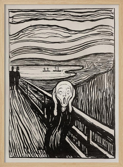 A black and white print of Edvard Munch's famous painting 'The Scream,' featuring a tormented figure on a bridge holding its head with a look of horror. The background consists of swirling lines representing the sky and a fjord, all rendered in a stark, expressionist style and enclosed in a simple black frame. Wall Art