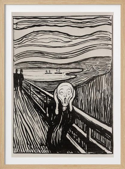 A black and white print of Edvard Munch's famous painting 'The Scream,' featuring a tormented figure on a bridge holding its head with a look of horror. The background consists of swirling lines representing the sky and a fjord, all rendered in a stark, expressionist style and enclosed in a simple black frame. Wall Art