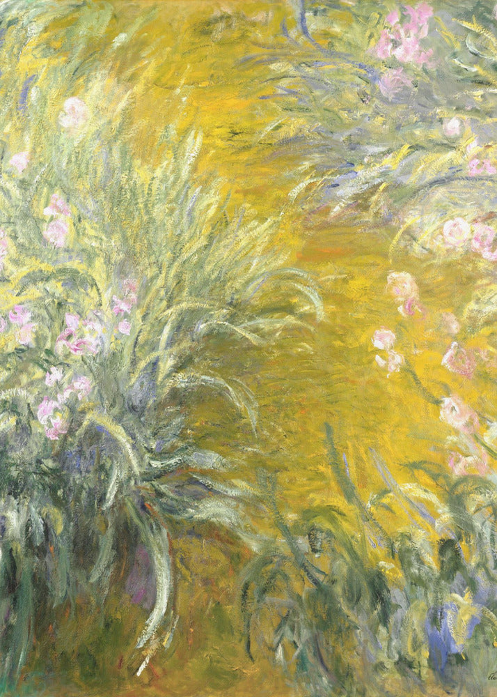 An Impressionist painting by Claude Monet of a sunlit garden, possibly Giverny. The canvas is filled with energetic brushstrokes depicting tall green leaves and soft pink irises against a vibrant, almost abstract background of golden yellow. Print