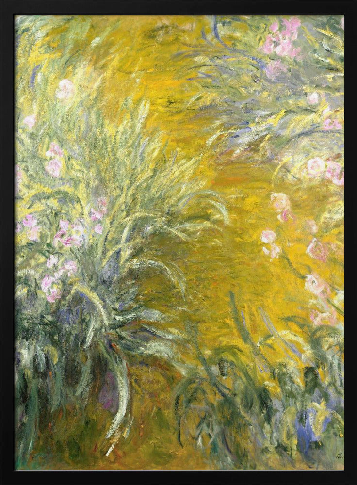 An Impressionist painting by Claude Monet of a sunlit garden, possibly Giverny. The canvas is filled with energetic brushstrokes depicting tall green leaves and soft pink irises against a vibrant, almost abstract background of golden yellow. Print