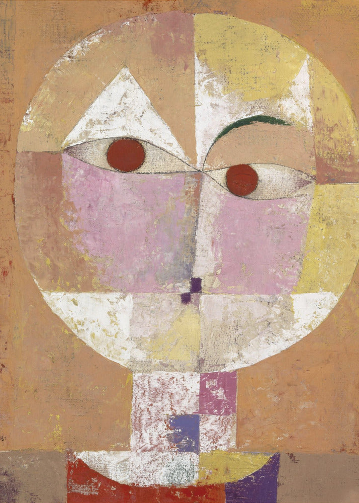 An abstract portrait painting of a stylized head, often identified as Paul Klee's 'Senecio'. The face is composed of geometric blocks of color, including pink, yellow, and white, with two prominent red circles for eyes, all set against a textured, earthy orange and brown background within a black frame. Print