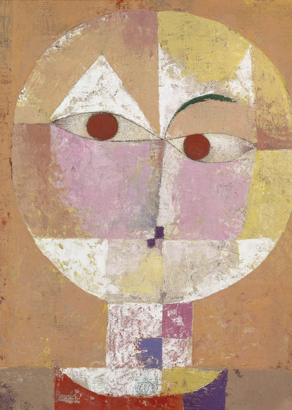 An abstract portrait painting of a stylized head, often identified as Paul Klee's 'Senecio'. The face is composed of geometric blocks of color, including pink, yellow, and white, with two prominent red circles for eyes, all set against a textured, earthy orange and brown background within a black frame. Print