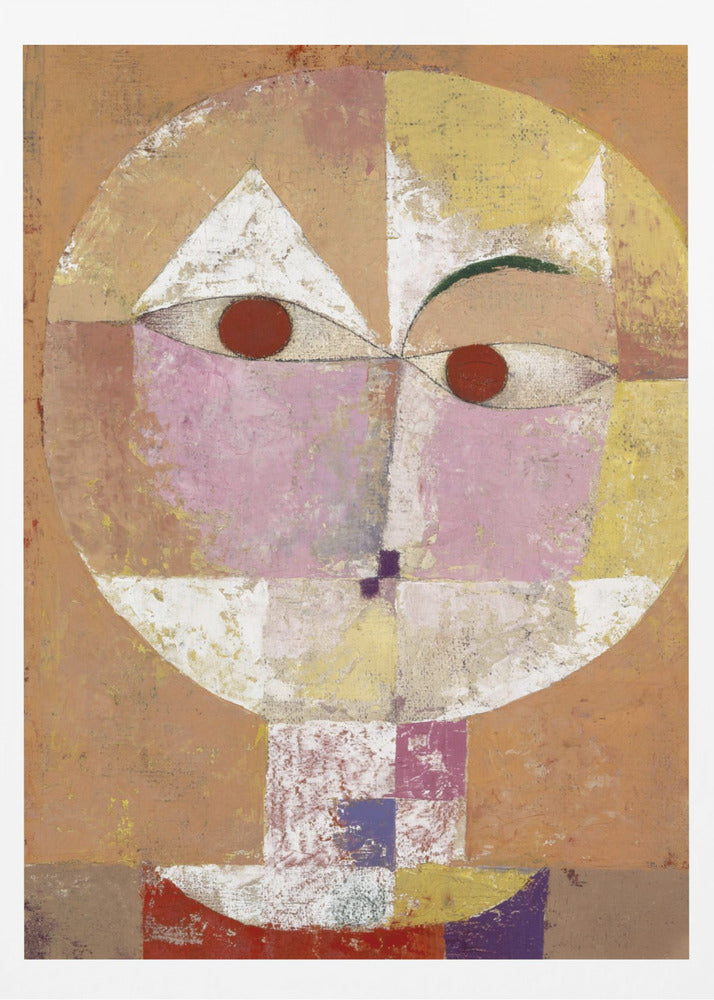 An abstract portrait painting of a stylized head, often identified as Paul Klee's 'Senecio'. The face is composed of geometric blocks of color, including pink, yellow, and white, with two prominent red circles for eyes, all set against a textured, earthy orange and brown background within a black frame. Print