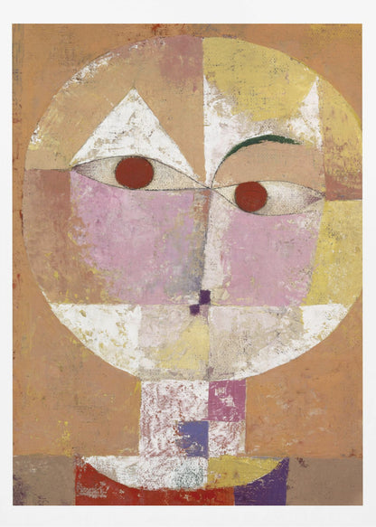 An abstract portrait painting of a stylized head, often identified as Paul Klee's 'Senecio'. The face is composed of geometric blocks of color, including pink, yellow, and white, with two prominent red circles for eyes, all set against a textured, earthy orange and brown background within a black frame. Print