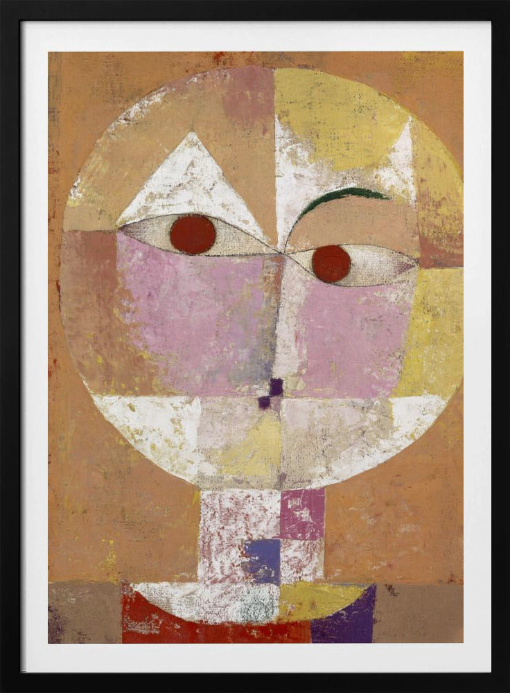 An abstract portrait painting of a stylized head, often identified as Paul Klee's 'Senecio'. The face is composed of geometric blocks of color, including pink, yellow, and white, with two prominent red circles for eyes, all set against a textured, earthy orange and brown background within a black frame. Print