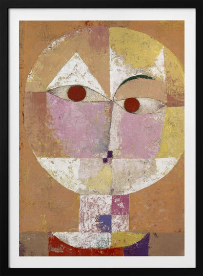 An abstract portrait painting of a stylized head, often identified as Paul Klee's 'Senecio'. The face is composed of geometric blocks of color, including pink, yellow, and white, with two prominent red circles for eyes, all set against a textured, earthy orange and brown background within a black frame. Print