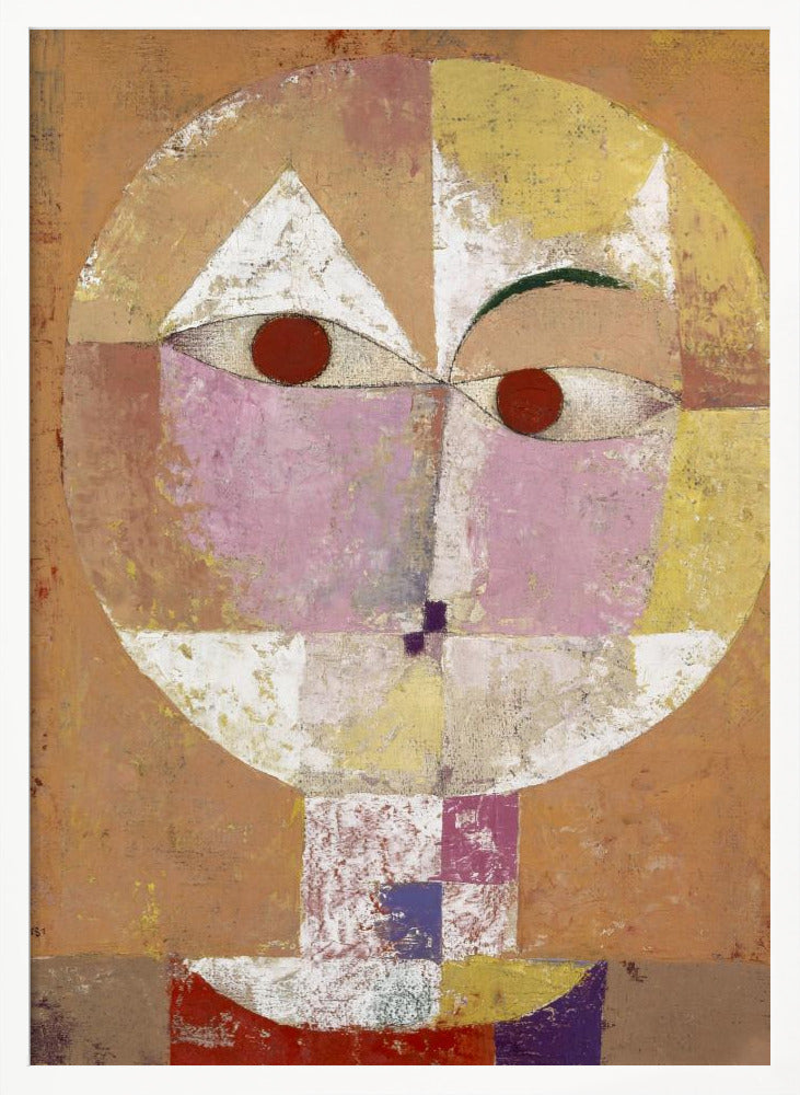 An abstract portrait painting of a stylized head, often identified as Paul Klee's 'Senecio'. The face is composed of geometric blocks of color, including pink, yellow, and white, with two prominent red circles for eyes, all set against a textured, earthy orange and brown background within a black frame. Print