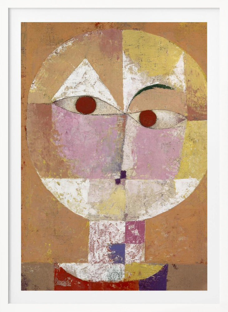 An abstract portrait painting of a stylized head, often identified as Paul Klee's 'Senecio'. The face is composed of geometric blocks of color, including pink, yellow, and white, with two prominent red circles for eyes, all set against a textured, earthy orange and brown background within a black frame. Print