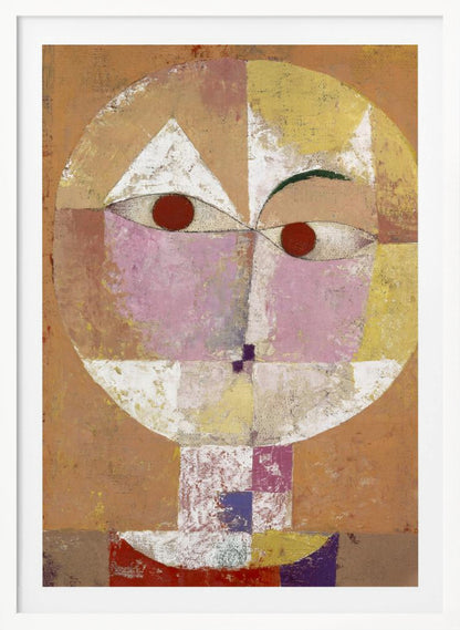 An abstract portrait painting of a stylized head, often identified as Paul Klee's 'Senecio'. The face is composed of geometric blocks of color, including pink, yellow, and white, with two prominent red circles for eyes, all set against a textured, earthy orange and brown background within a black frame. Print
