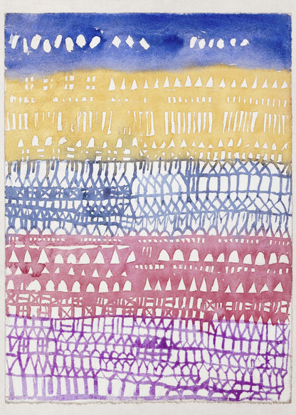 An abstract watercolor painting in a black frame, featuring horizontal bands of color and intricate patterns created using a resist technique. From top to bottom, the bands are deep blue, golden yellow, periwinkle blue, magenta, and purple, each filled with unique geometric shapes like triangles, dashes, and gridwork. Poster