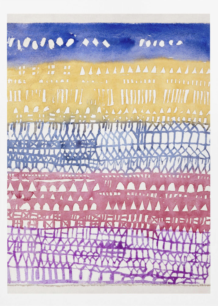 An abstract watercolor painting in a black frame, featuring horizontal bands of color and intricate patterns created using a resist technique. From top to bottom, the bands are deep blue, golden yellow, periwinkle blue, magenta, and purple, each filled with unique geometric shapes like triangles, dashes, and gridwork. Poster