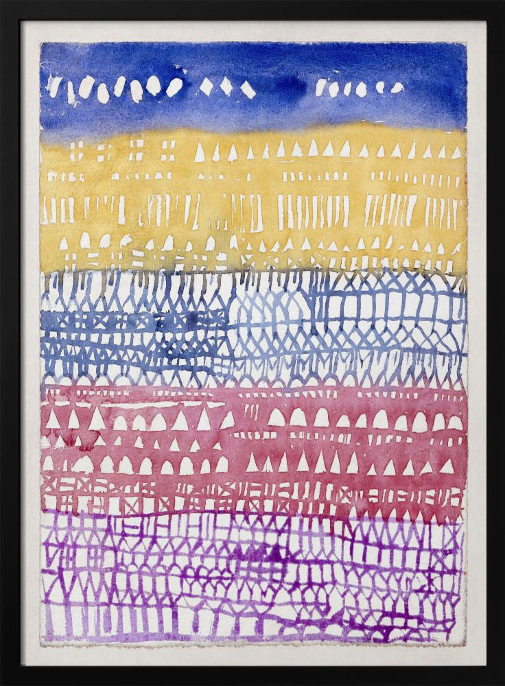 An abstract watercolor painting in a black frame, featuring horizontal bands of color and intricate patterns created using a resist technique. From top to bottom, the bands are deep blue, golden yellow, periwinkle blue, magenta, and purple, each filled with unique geometric shapes like triangles, dashes, and gridwork. Poster