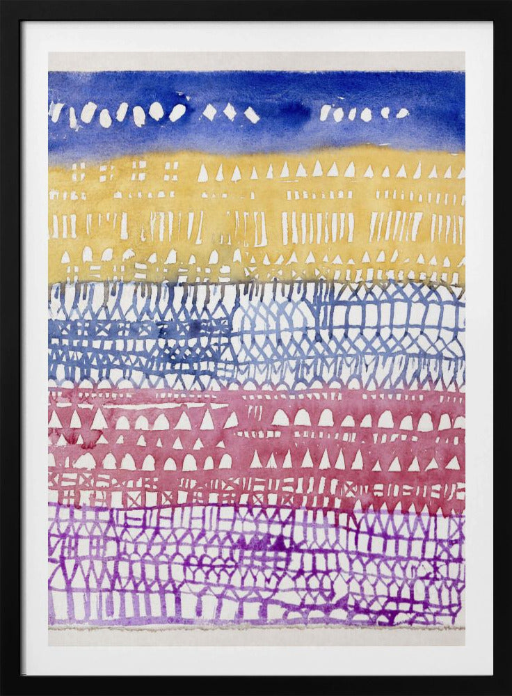 An abstract watercolor painting in a black frame, featuring horizontal bands of color and intricate patterns created using a resist technique. From top to bottom, the bands are deep blue, golden yellow, periwinkle blue, magenta, and purple, each filled with unique geometric shapes like triangles, dashes, and gridwork. Poster