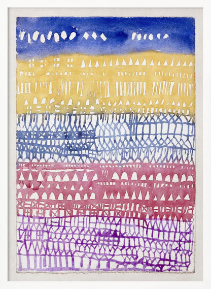 An abstract watercolor painting in a black frame, featuring horizontal bands of color and intricate patterns created using a resist technique. From top to bottom, the bands are deep blue, golden yellow, periwinkle blue, magenta, and purple, each filled with unique geometric shapes like triangles, dashes, and gridwork. Poster