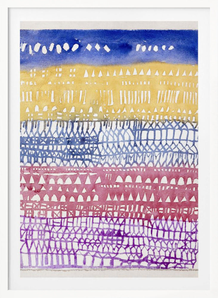 An abstract watercolor painting in a black frame, featuring horizontal bands of color and intricate patterns created using a resist technique. From top to bottom, the bands are deep blue, golden yellow, periwinkle blue, magenta, and purple, each filled with unique geometric shapes like triangles, dashes, and gridwork. Poster