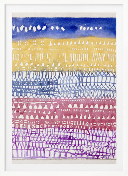 An abstract watercolor painting in a black frame, featuring horizontal bands of color and intricate patterns created using a resist technique. From top to bottom, the bands are deep blue, golden yellow, periwinkle blue, magenta, and purple, each filled with unique geometric shapes like triangles, dashes, and gridwork. Poster