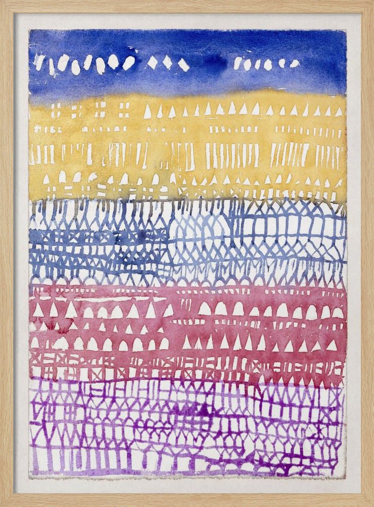 An abstract watercolor painting in a black frame, featuring horizontal bands of color and intricate patterns created using a resist technique. From top to bottom, the bands are deep blue, golden yellow, periwinkle blue, magenta, and purple, each filled with unique geometric shapes like triangles, dashes, and gridwork. Poster