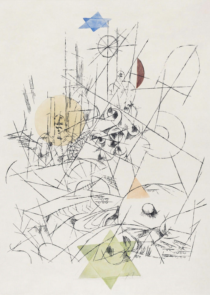 An abstract modernist artwork in a black frame, featuring a chaotic composition of black ink lines on a cream background. The drawing is overlaid with several transparent watercolor shapes: a blue Star of David at the top, a light green one at the bottom, a yellow circle, and other colored geometric forms. Print