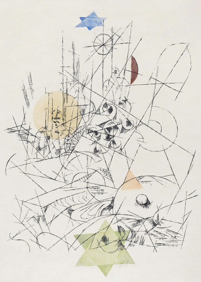 An abstract modernist artwork in a black frame, featuring a chaotic composition of black ink lines on a cream background. The drawing is overlaid with several transparent watercolor shapes: a blue Star of David at the top, a light green one at the bottom, a yellow circle, and other colored geometric forms. Print